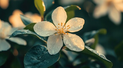 Poster - Close up of a delicate flower with water droplets highlighting freshness and nature featuring ample empty space for text placement