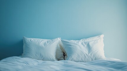Leinwandbilder - Contemporary double bed with white cushions against a soft blue wall providing ample empty space for text or branding purposes