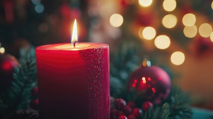 Aufkleber - Elegant red candle flickering softly against a blurred festive background creating a warm ambiance with space for text or messages