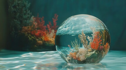 Aufkleber - Glass sphere capturing underwater reflections with vibrant coral and plant life, featuring blank space for customizable text or branding.