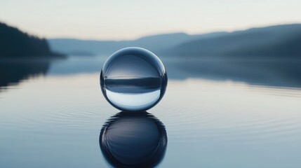 Aufkleber - Spherical glass orb resting on calm lake surface reflecting tranquil surroundings with ample space for creative text overlay