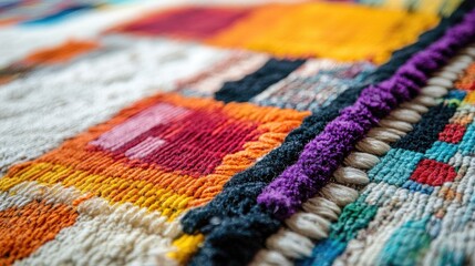 Poster - Handmade rugs with vibrant abstract patterns showcasing intricate textures and colors perfect for interior design concepts and marketing materials