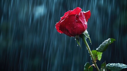 Poster - Close up of a vibrant red rose glistening with raindrops against a dark background with ample space for text placement