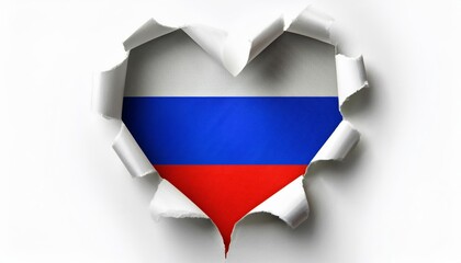 Heart-shaped russian flag displayed dramatically with torn paper effect.