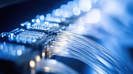 Poster - Illuminated Optical Fiber Cables with Blue Light Concept of High Speed Internet Technology and Network Connectivity with Empty Text Space