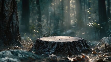 Aufkleber - Serene forest landscape featuring a cut tree stump surrounded by soft natural light and empty space for text or graphics