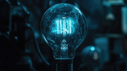 Poster - Glowing blue glass bulb illumination with empty space for text in a dark setting showcasing vintage light aesthetics