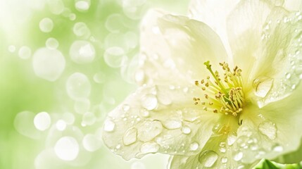 Poster - Close Up of Honey Nectar Droplets on a White Flower against Soft Green Bokeh Background with Space for Text or Graphics
