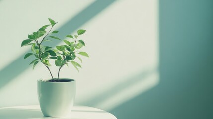 Leinwandbilder - Minimalist interior design featuring a close-up of a green potted plant on a white table with soft light and ample empty space for text.
