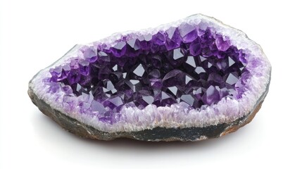 Leinwandbilder - Natural Amethyst Geode with Vibrant Purple Crystals and Clear Space for Text or Branding on a White Background