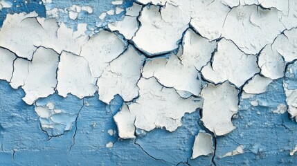 Poster - Close up of weathered cracked paint texture on a blue wall with aged brick background ideal for vintage or restoration themes.