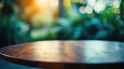Aufkleber - Elegant round wooden table in soft natural light with blurred greenery background ideal for showcasing text or product placement.