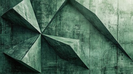 Poster - Abstract green concrete pyramid wall with geometric shapes creating a textured background and ample copy space for creative design elements.