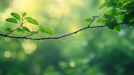 Aufkleber - Close up of spider web on a tree branch surrounded by lush greenery with soft focus background and ample space for text overlay