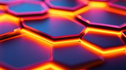 Fototapete - Illuminated hexagonal patterns with vibrant LED neon lights creating a modern abstract background with space for text or design elements