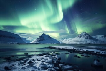 Wall Mural - arctic landscape: northern lights, mountains, and starry sky in svalbard, norway