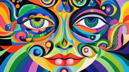  Surreal Artistic Portrait of a Colorful Monarch with Psychedelic Patterns and a Wide Eyed Gaze Reflecting Hallucinations and Enigmatic Thoughts