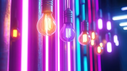 Fototapete - Close up of vibrant illuminated light bulbs with neon lights in a modern setting ideal for creative advertising and promotional designs