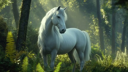 Poster - Majestic white horse standing gracefully in a serene forest surrounded by lush greenery and soft light for tranquil nature scenes