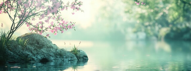 Fototapete - Serene nature landscape with tranquil water reflection and blooming flowers providing ample empty space for text and design elements