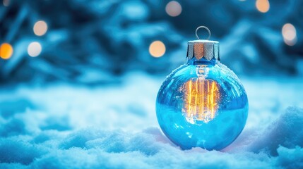Aufkleber - Glowing blue glass bulb ornament in snow with soft bokeh lights background and empty space for holiday text or seasonal messages