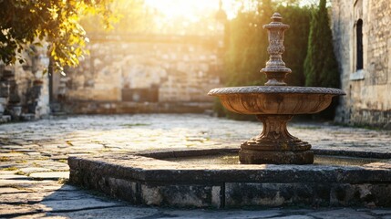 Aufkleber - Serene stone courtyard with ancient fountain illuminated by morning light creating a tranquil atmosphere and ample space for text placement