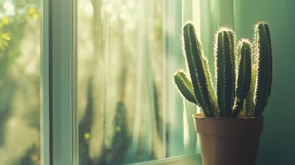 Aufkleber - Cactus in a sunlit window with soft shadows and ample blank wall space for creative text or graphic overlay