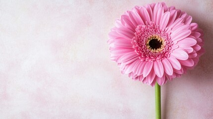 Poster - Close up of a vibrant pink flower with a long stem against a soft pastel background ideal for text placement and floral themed designs