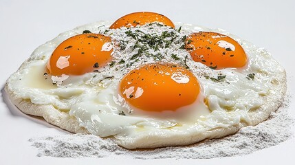 Wall Mural - Freshly Cooked Eggs with Bright Yolks and Herbs on a White Background