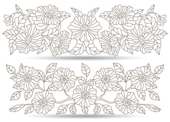 Wall Mural - Set of contour illustrations in stained glass style with floral arrangements, dark contours on a white background