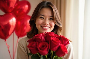 Happy girl hugging bouquet of red roses against background of heart-shaped balloons in apartment. Valentine's day, women's day, bouquet and flower delivery, flower gifts, business, romance services