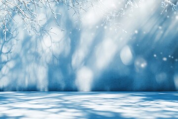 Wall Mural - snowy winter scene, branches, sunlight, bokeh, background, product display