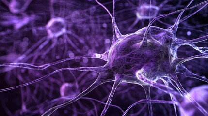 Wall Mural - neural network visualization in deep purple high-tech background with ample space for text and graph