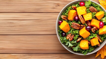 Wall Mural - Fresh Autumn Salad with Butternut Squash, Pecans, and Grapes on Wooden Table