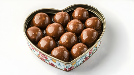 Wall Mural - A clean and detailed view of chocolate-covered caramel toffees placed in a decorative heart-shaped tin