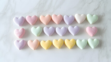 Wall Mural - A clean arrangement of pastel-colored candy hearts forming a romantic phrase on a white marble surface