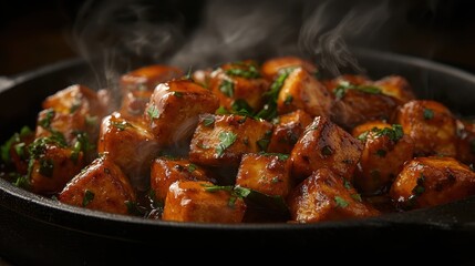 Wall Mural - Savory Hot Dish Featuring Glazed Cubes with Herbs and Steam Rising