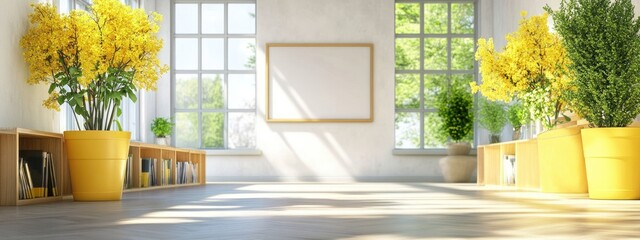 Poster - Bright Eco-Friendly Classroom with White Walls and Yellow Flower Pots Featuring Ample Copy Space for Text and Natural Light Volumes