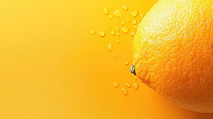 Poster - Vibrant fresh orange with water droplets showcasing its texture against a bright yellow background with ample space for text insertion