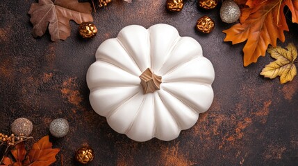 Aufkleber - White decorative pumpkin surrounded by autumn leaves and ornaments on a rustic surface with ample copy space for text or marketing content.