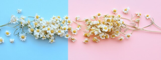 Aufkleber - Dried chamomile flowers on pastel pink and blue background creating space for text or design elements in a serene composition