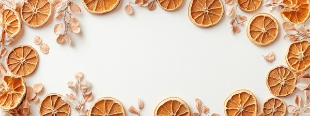 Fototapete - Dried orange slices arranged on white background creating elegant frame with ample empty space for text or decorative elements