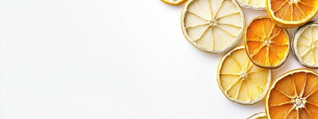 Leinwandbilder - Dried citrus fruit slices decoratively arranged on a white background with ample empty space for text or branding purposes