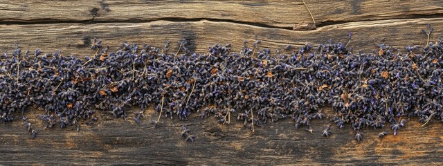 Fototapete - Dried lavender blossoms on rustic wooden surface with ample copy space for text or decorative purposes