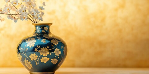 Fototapete - Elegant Eastern Floral Vase Display with Gold Artwork and Text Space for Creative Design and Decoration Purposes