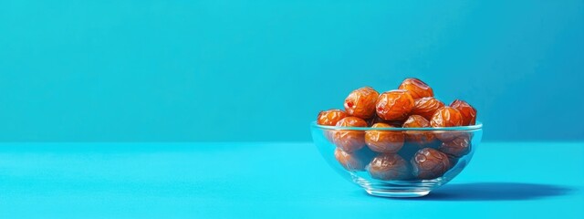 Leinwandbilder - Dried dates in a glass bowl on a vibrant blue background with ample empty space for text or graphics