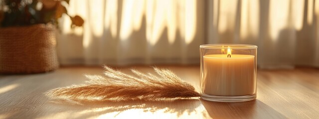 Aufkleber - Warm Cozy Living Space with Dried Pampas Grass and Glowing Candle Featuring Natural Light and Space for Text Inclusion