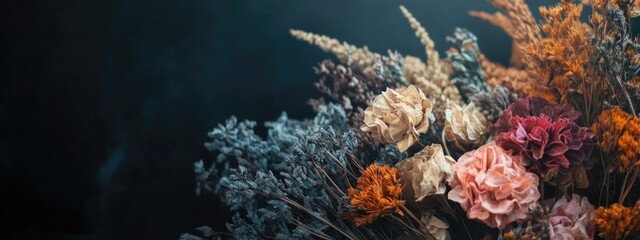 Fototapete - Dried flower bouquet with dark background providing ample space for text and design elements in a creative layout.