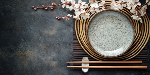 Poster - Serene Dining Setting with Ceramic Dish and Natural Accents on Dark Background Ideal for Text Overlay or Food Presentation