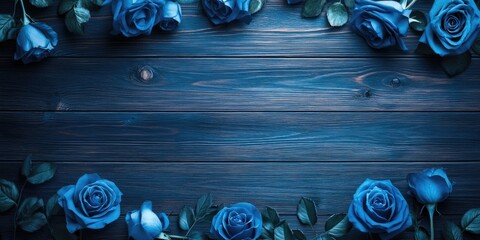 Leinwandbilder - Elegant Dark Blue Wooden Texture Framed by Blue Roses for Creative Text and Design Elements
